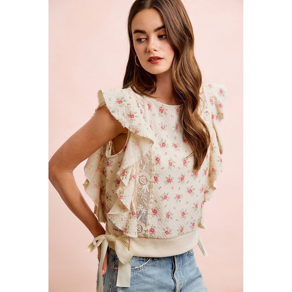 BiBi Flower Printed Ruffle Sleeve Trim Detail Top - Red Flower - Large - Picture 6 of 16